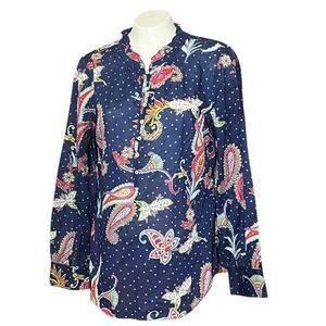 Talbots‎ 100% Cotton Lightweight Blue Paisley 1/2 Button Blouse Sz M